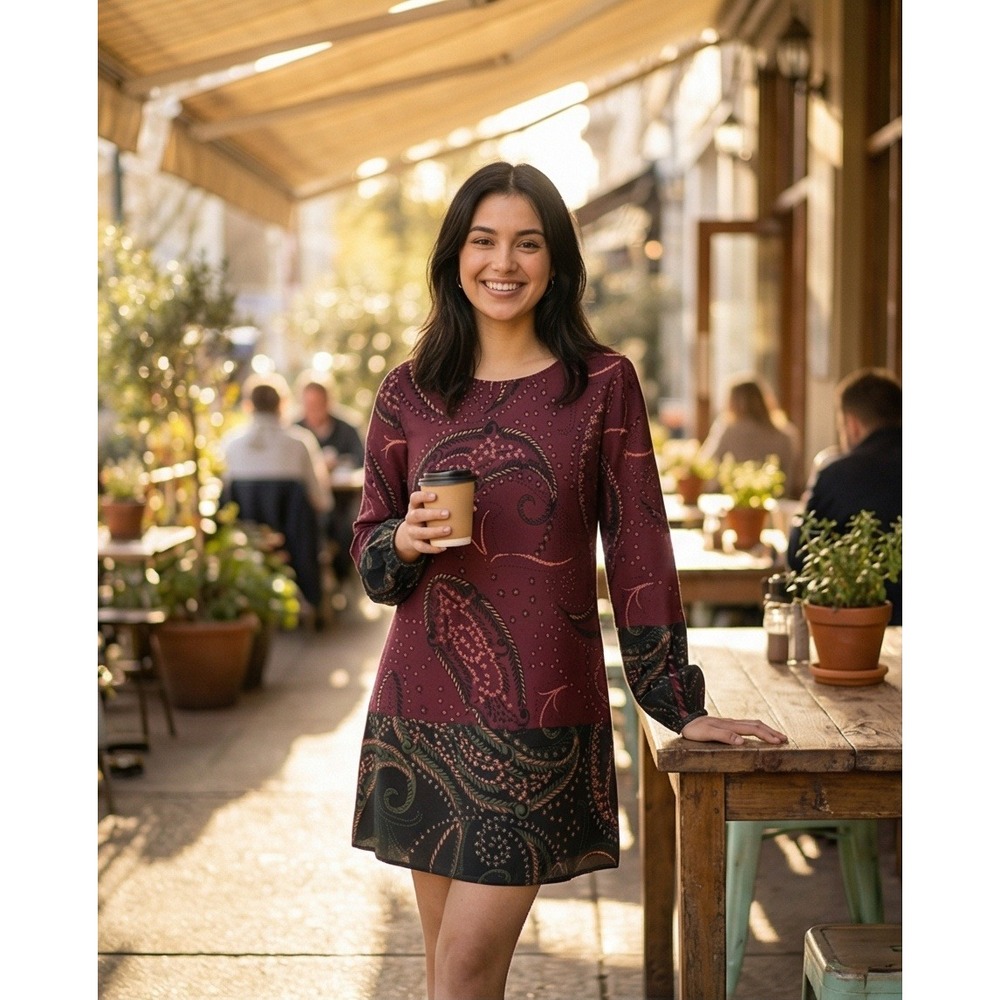 Abercrombie & Fitch Womens XS 2014 Burgundy Paisley Long Sleeve Mini Shift Dress
